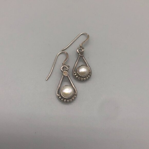 Sterling Silver Earrings Faux Pearl Teardrop Dangle Pierced Dainty 1" - Picture 3 of 8